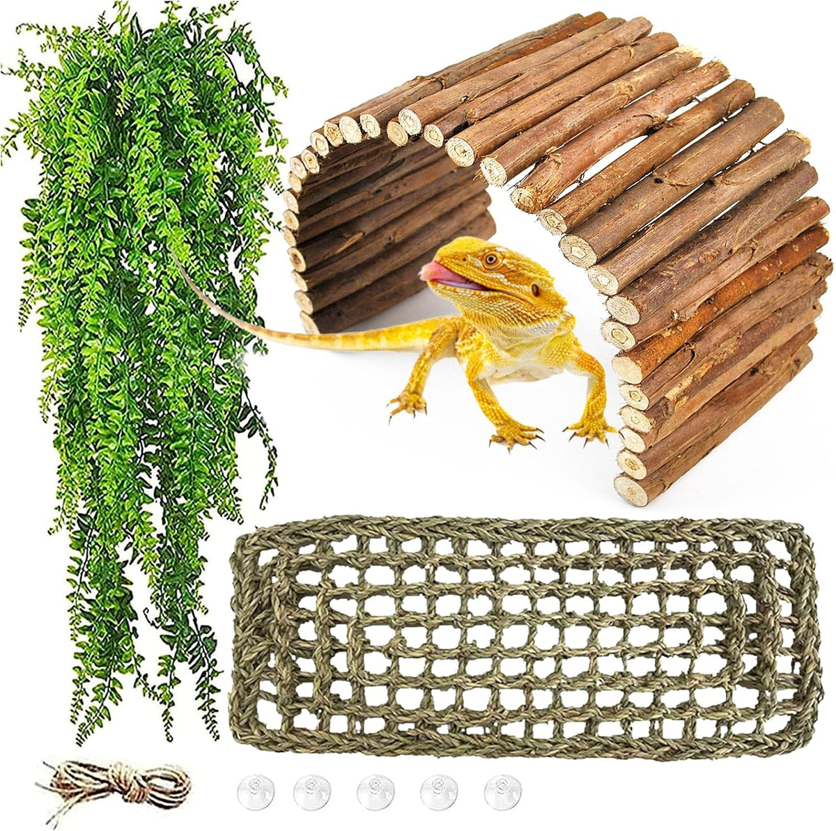 Bearded Dragon Hammock,Lizard Lounger Reptile Tank Hanging Plants Climbing Jungle Vines Flexible - Type：Hammock with wooden bridge(A)