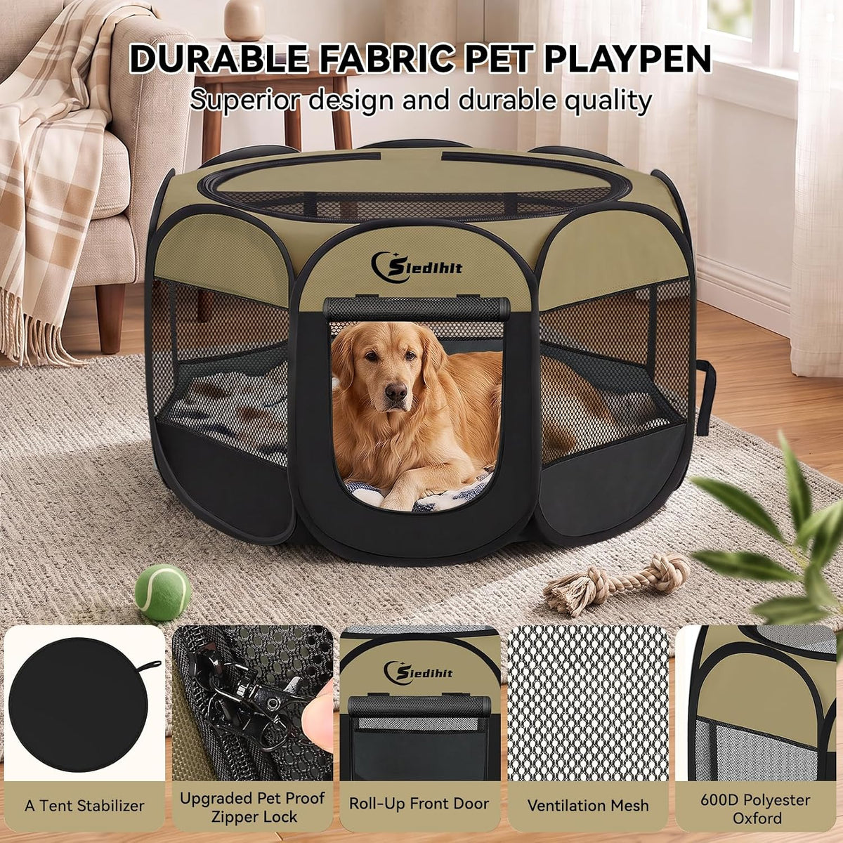 Siedihit Dog Cat Playpen, Puppy Pet Playpen Indoor for Small Dog Crate Tent Cage Outdoor, Portable - Black Khaki / Large - image 4