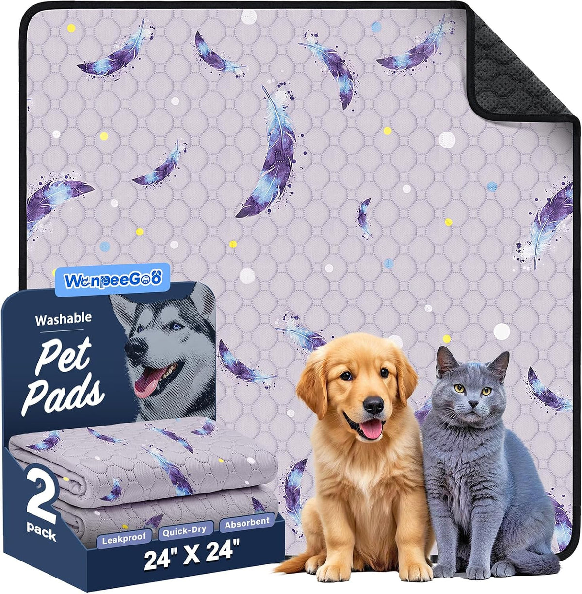 Washable Dog Pee Pads, Non-Slip Waterproof, Feather - Feather Pattern / 24"x24"(Pack of 2)