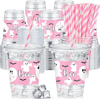 Domensi clear 12 oz Halloween ghost party cups with lids and pink striped paper straws - view 9