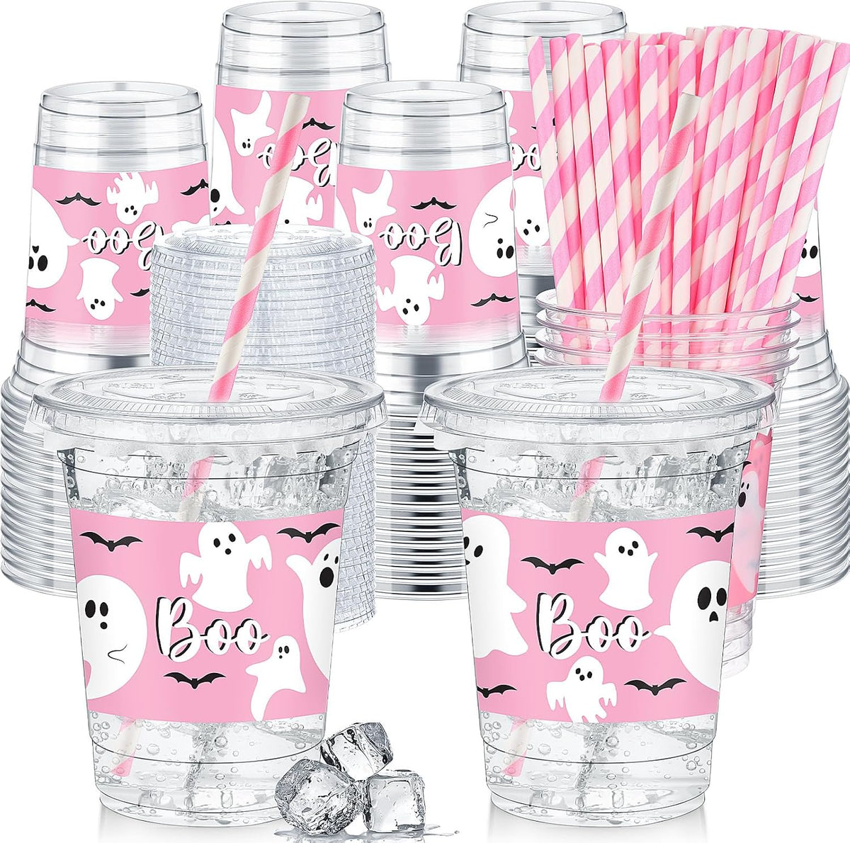 Domensi clear 12 oz Halloween ghost party cups with lids and pink striped paper straws - view 9