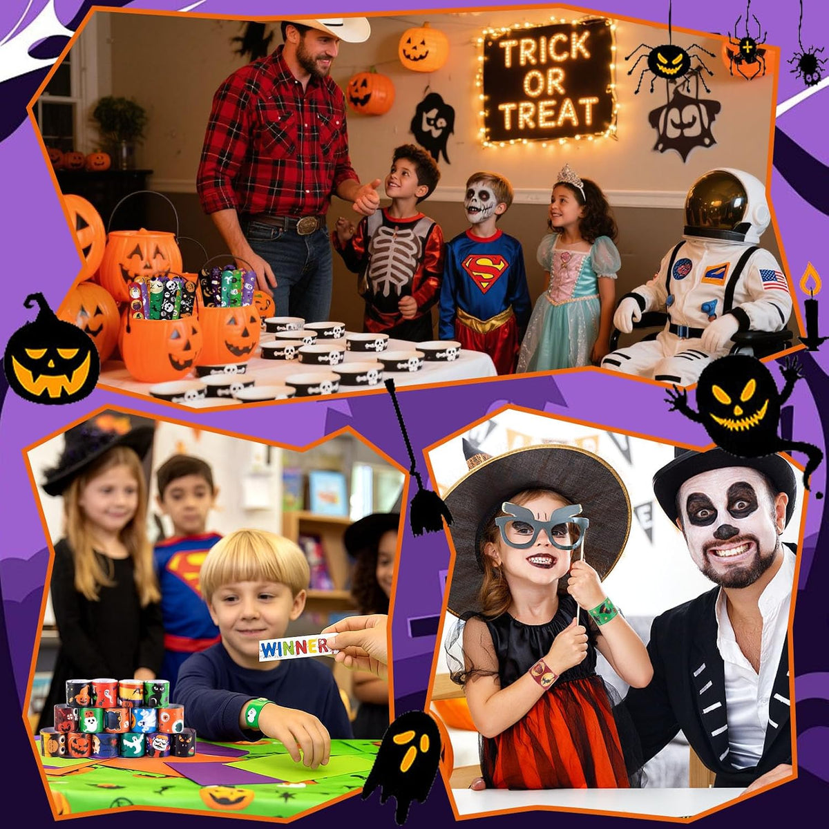 AMOR PRESENT 64 pack Halloween slap bracelets with jack-o-lantern, bat and spider designs - view 5