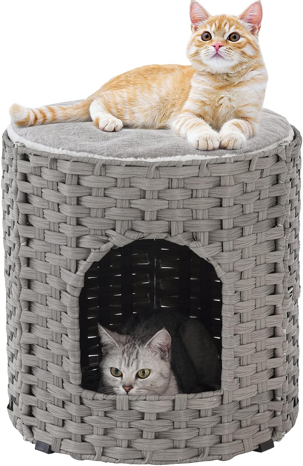 Cat Beds Indoor Kitten House, PE Rattan Cat Cave - Gray / Round-XL