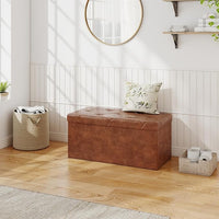 Sweetcrispy 30 Inches Folding Ottoman with Storage Bench, Foot Rest Stool, End of Bed Storage Bench Upholstered, Load 660 lbs, for Living Room, Synthetic Leather, Brown