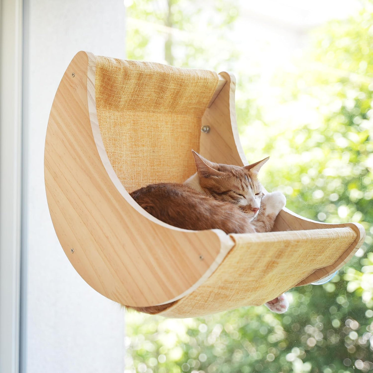 Cat Window Perch, Plywood Moon Bed with 4 Heavy-Duty Suction Cups – Essentials for Cats - yellow