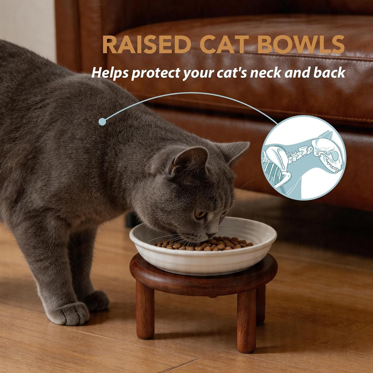 Elevated Cat Bowls, Ceramic Cat Bowl with Bamboo Stand Wide Opening – Essentials for Cats - White / Stripe x1 + Acacia Wood - image 3