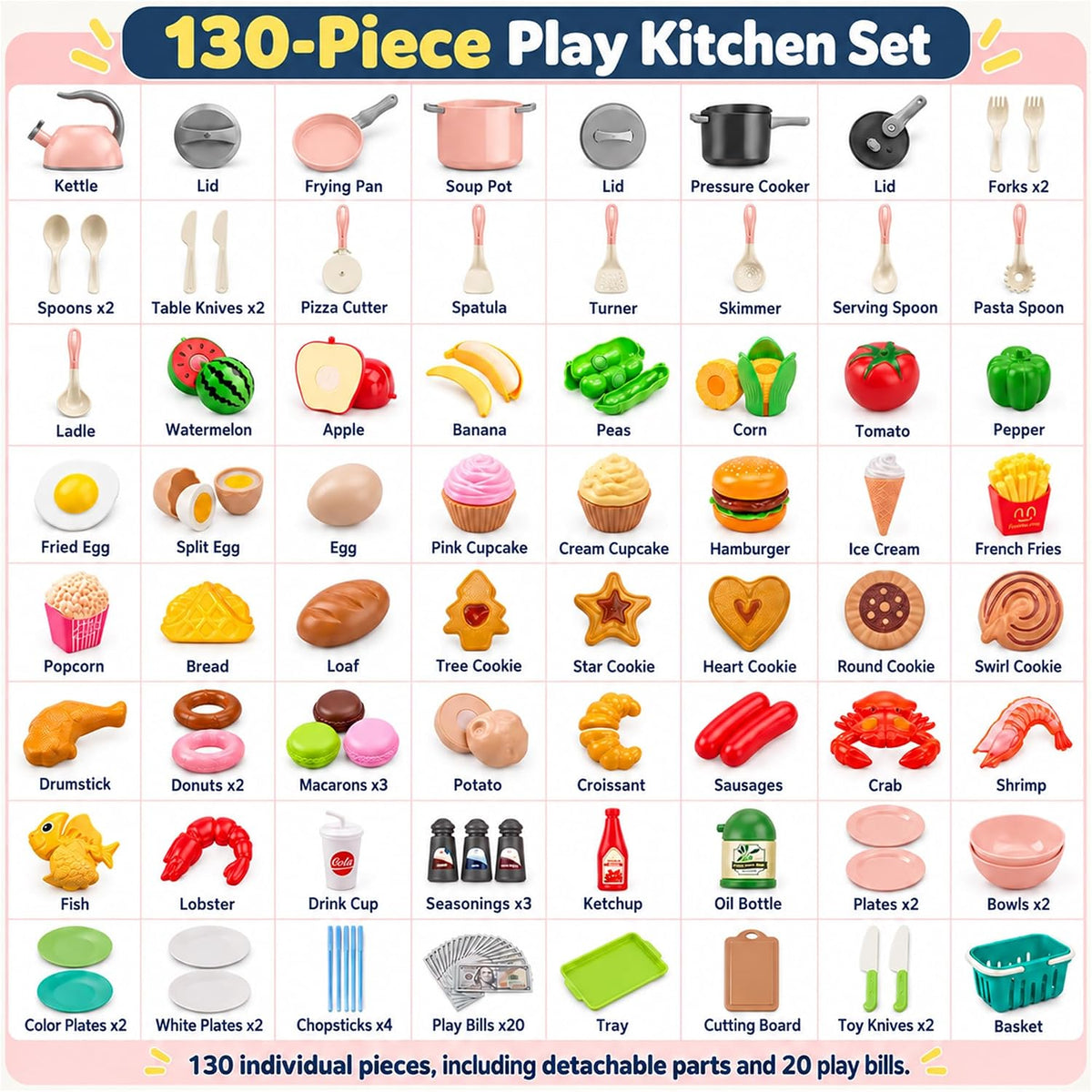 130Pcs Kitchen Playset, Toddler Pretend Cooking Play Pots, Pans - Pink / 130 Pcs - image 2