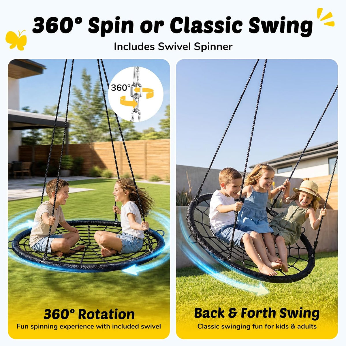 Trekassy 45" Spider Web Saucer Tree Swing with Swivel for Kids - Black / 45 inch - image 3