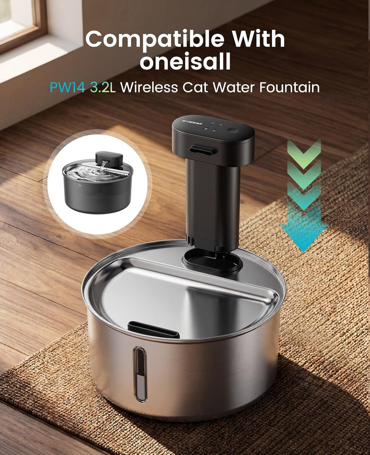 oneisall 108oz/3.2L Wireless Stainless Steel Cat Water Fountain – Essentials for Cats - Pump - image 2