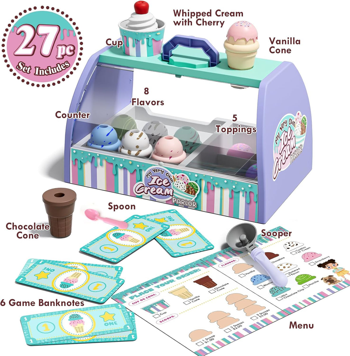 Lehoo Castle ice cream counter toy set with cones, scoop, flavors, toppings and play money - view 4