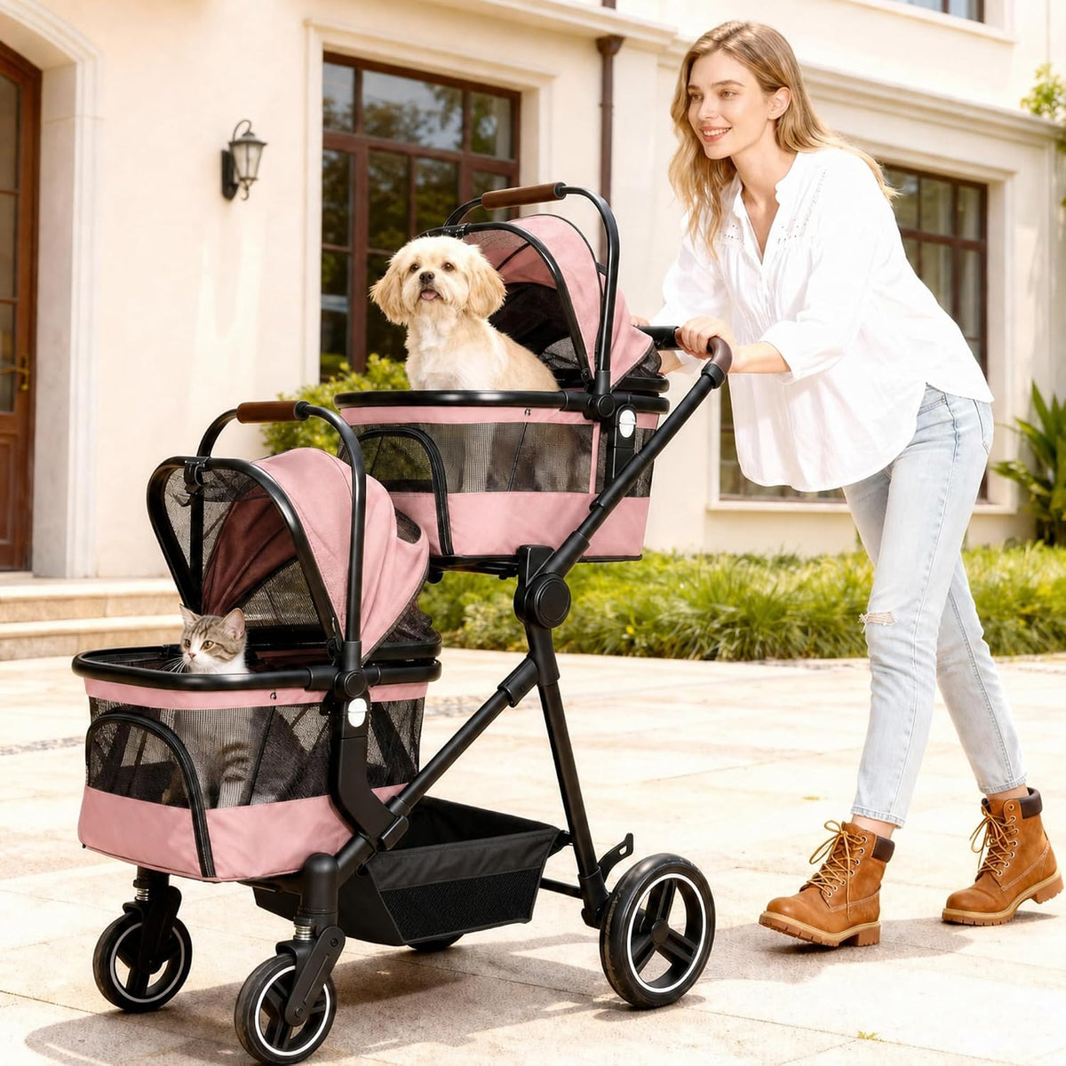 Foldable Double Pet Stroller for 2 Small Medium Cats Dogs – Essentials for Cats - Pink / Double - image 2
