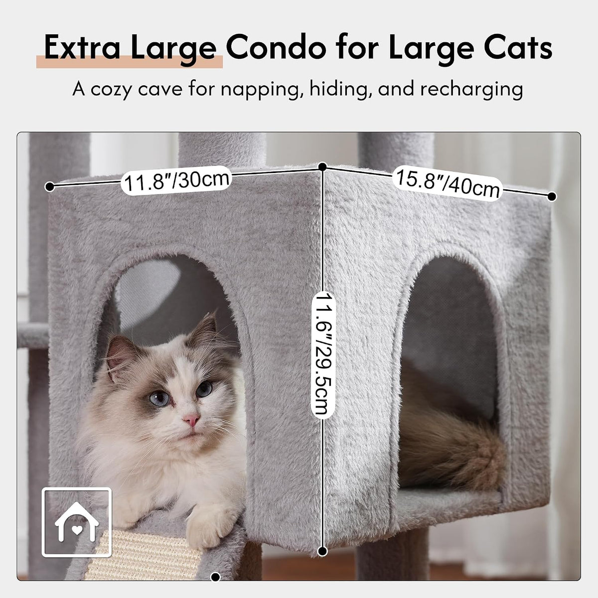 Cat Tree 32” Small Cat Tower with Large Hammock 16”& Self Groomer – Essentials for Cats - XXL-70" / Gray - image 4