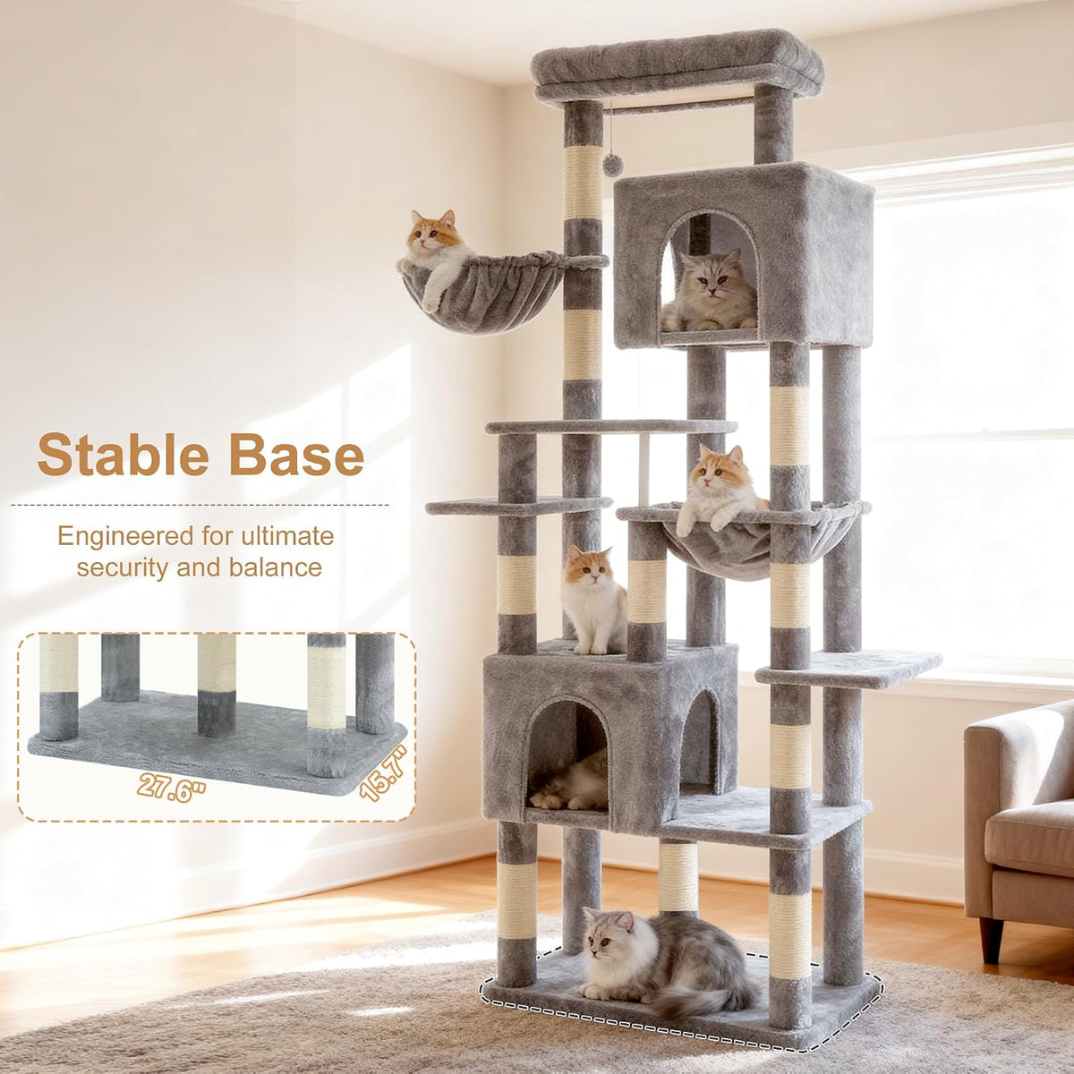 Heybly Cat Tree, 76-Inch Tall Heavy Duty Cat Tower for Big Cats HCT039G – Essentials for Cats - Light Gray / 76.8 inch - image 3