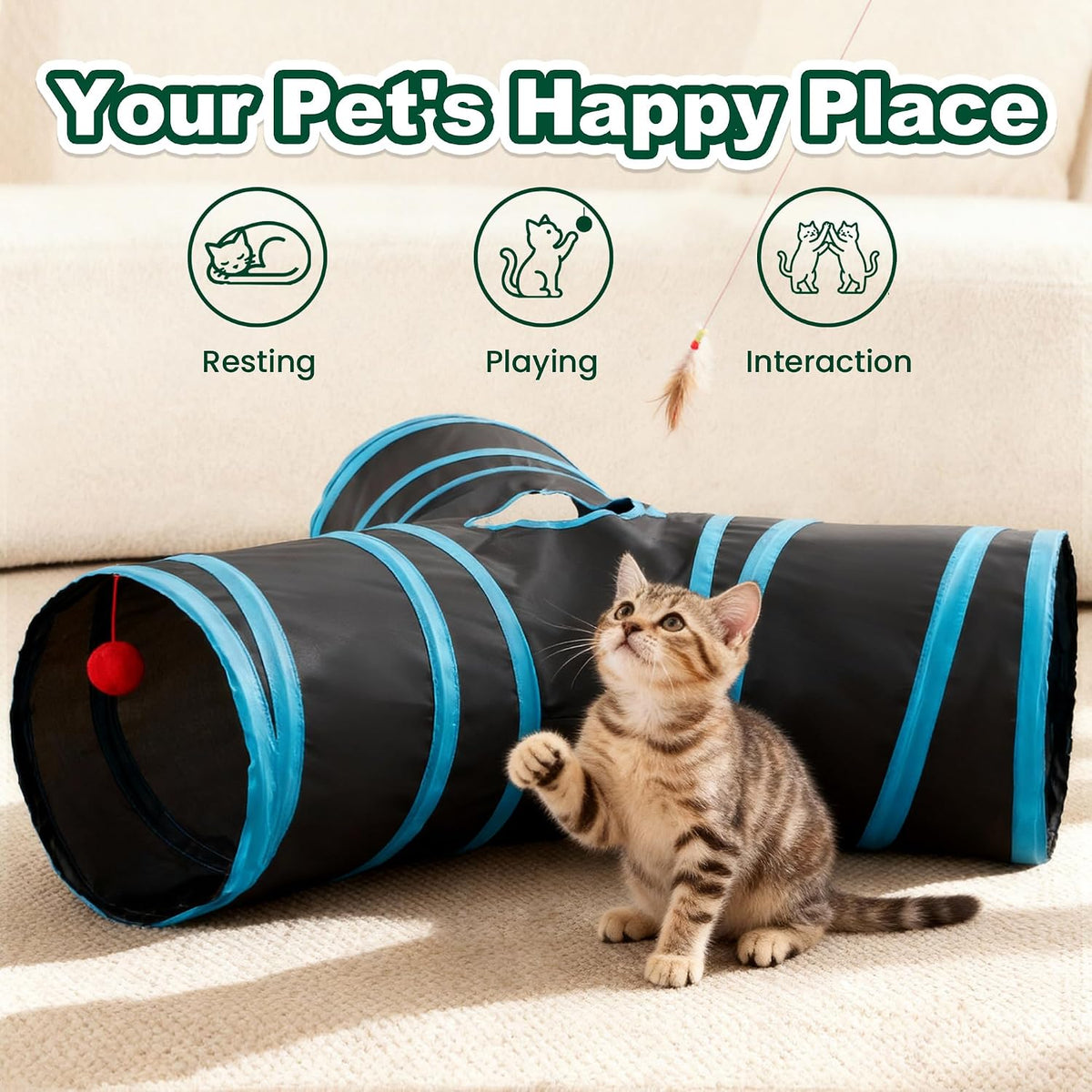 Love's cabin Cat Tunnel for Indoor Cats - Black&Blue / M (31"x17"x11") - image 3