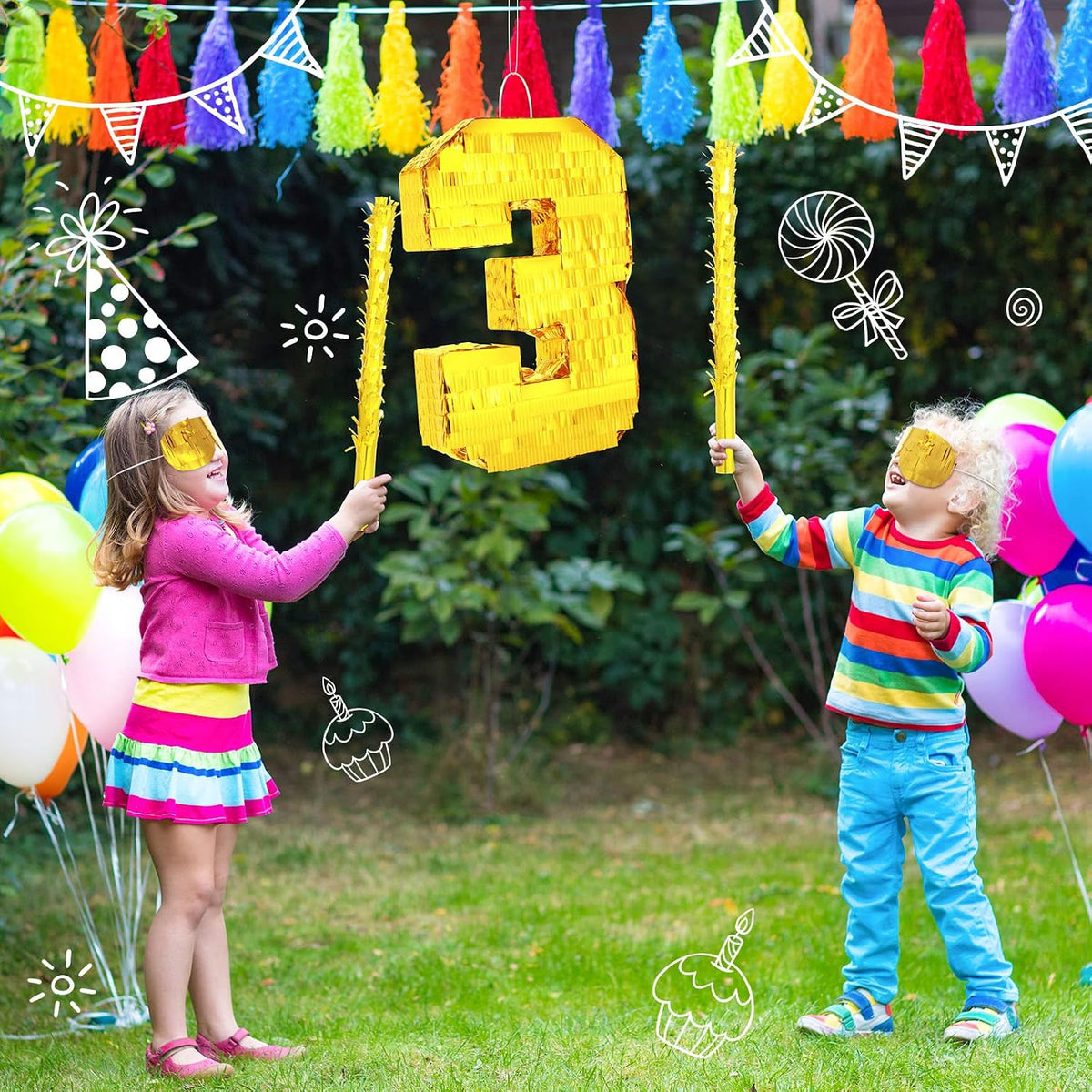 Sratte gold foil number piñata set with gold blindfold, piñata stick and bag of confetti - view 23