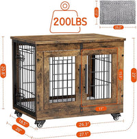 Lulive Small Dog Crate Furniture, Dog Kennel Indoor Double Doors Wooden Dog Cage, 27.1'' Heavy Duty Dog Crate with Cushion & Wheels, Decorative End Table Pet House Chew-Resistant for Small Dogs, Brown