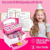 MOZXEBOK kids play jewelry set with rings, necklaces, bracelets and hair clips in a 3-layer box - view 2