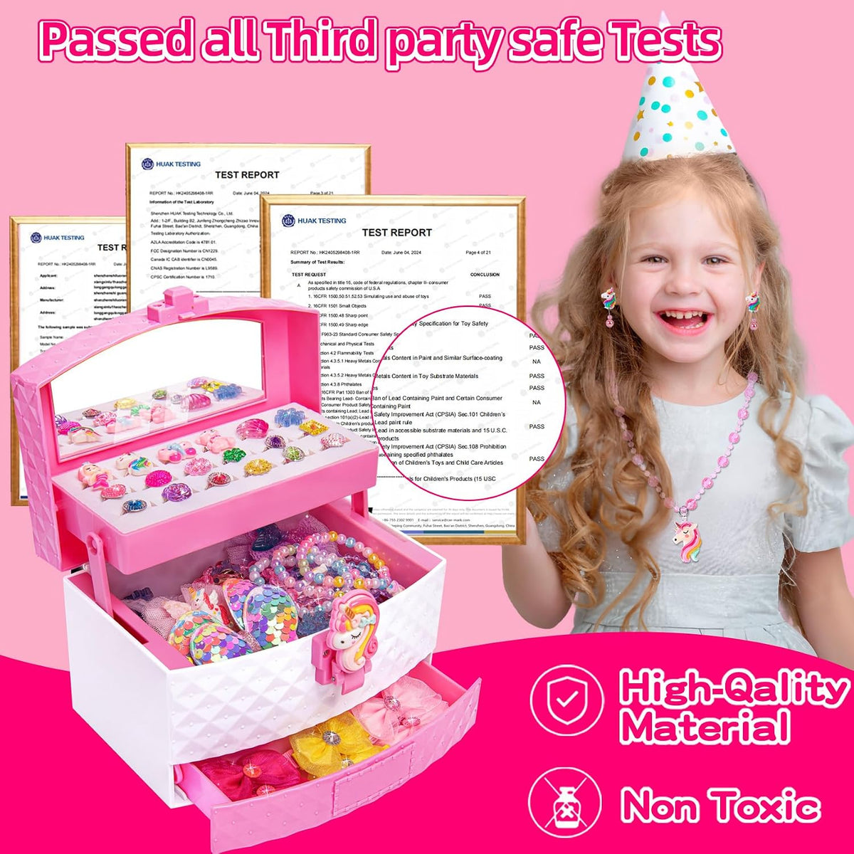 MOZXEBOK kids play jewelry set with rings, necklaces, bracelets and hair clips in a 3-layer box - view 2