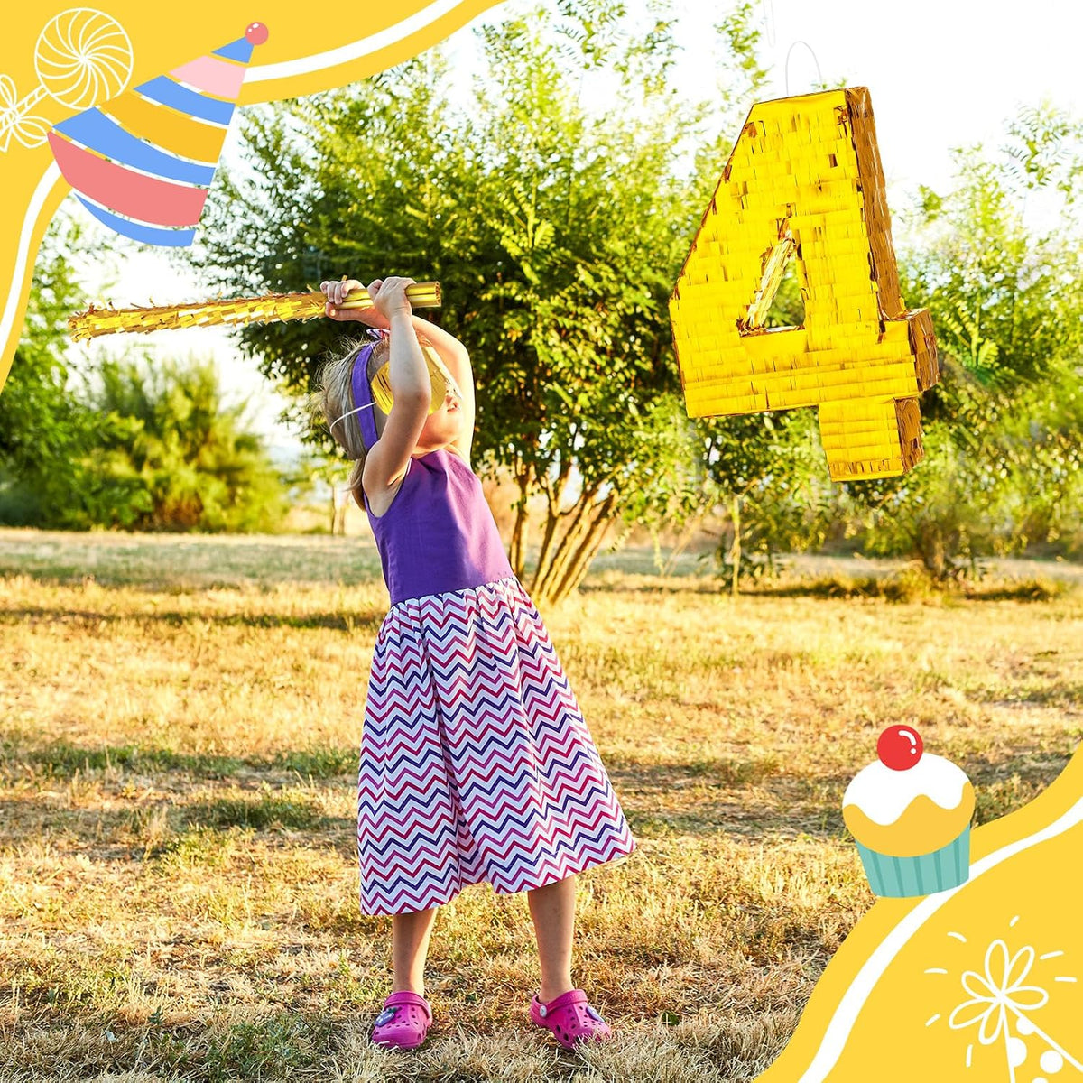 Sratte gold foil number piñata set with gold blindfold, piñata stick and bag of confetti - view 32