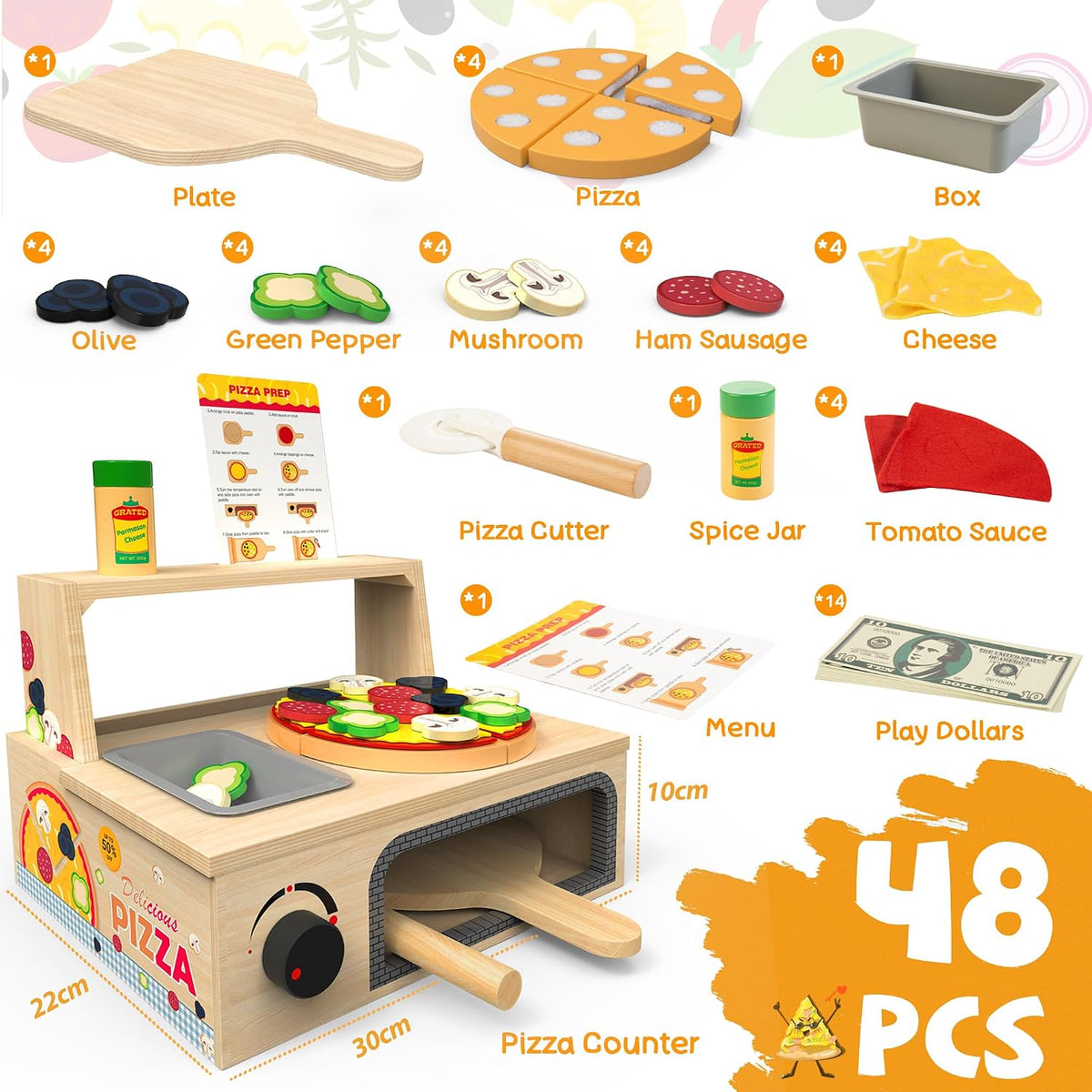 WOODMAM Wooden Pizza Toy, 48 PCS Montessori Pretend Play Food for Ages 3+ – Fun for Kids & Family - Foldable Wooden Oven - image 2