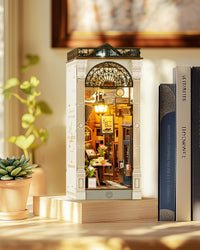 Rolife Arcade Dating book nook kit with LED lights on a bookshelf - view 2