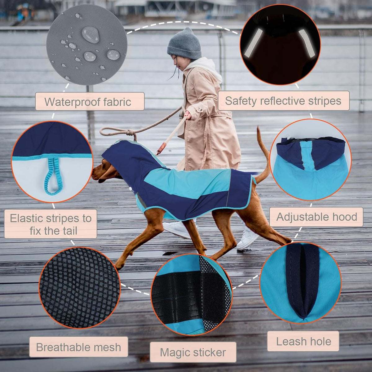Hooded Dog Raincoat, Reflective Large Dog Rain Poncho - Small / Blue - image 2