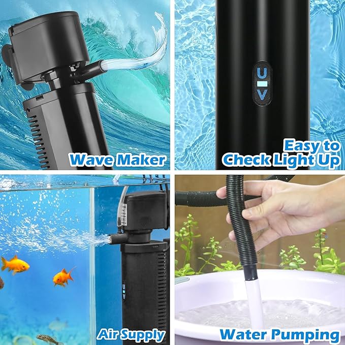 Aquarium U-V Filter 300GPH for Large 80-200 Gal Fish Tank Pond, Powerful Internal Submersible Pump Green Water Clean Killing Machine Air Supply Deodorization Keep Saltwater Freshwater Crystal Clear