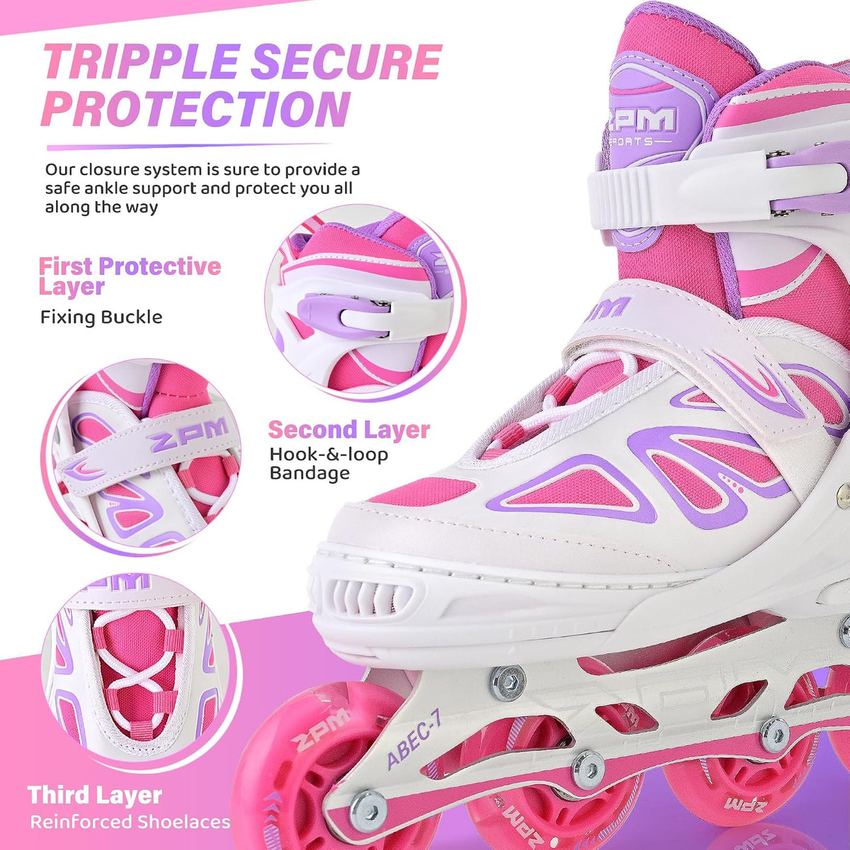 2PM SPORTS Adjustable Inline Skates for Kids, Youth and Adults - White Pink / Small - Little Kid (10.5C-12.5C US) - image 3