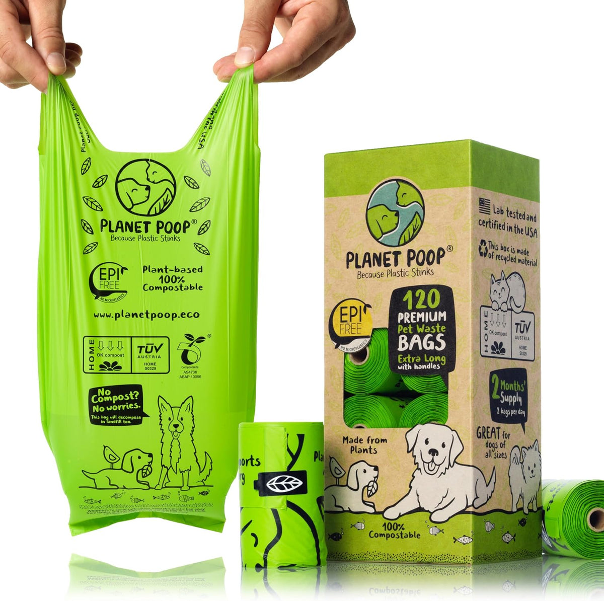 PLANET POOP Home Compostable Dog Poop Bags Extra-long with Handles - 120 Count (Pack of 1)