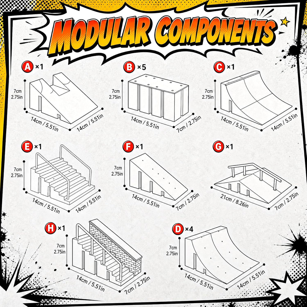 CS COSDDI 14in1 Finger Skateboard Park Set for Kids 8 Skateboards - Black - image 3