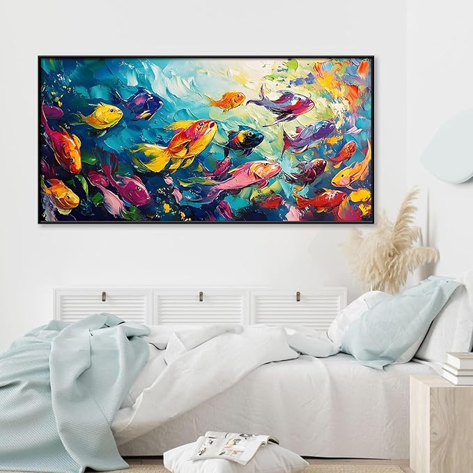 School of Fish Printed Canvas Wall Art – Framed Abstract Ocean Print – Vibrant Fish Wall Decor for Living Room, Bedroom, Office (Black Framed, 62"x31"|160x80cm)