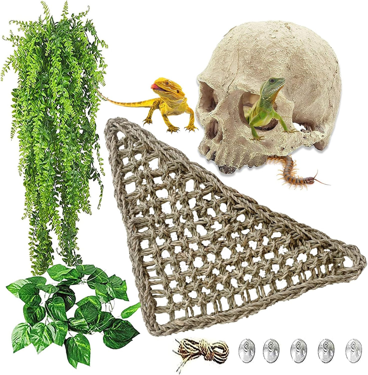 Bearded Dragon Hammock,Lizard Lounger Reptile Tank Hanging Plants Climbing Jungle Vines Flexible - Type：Triangular hammock with skull