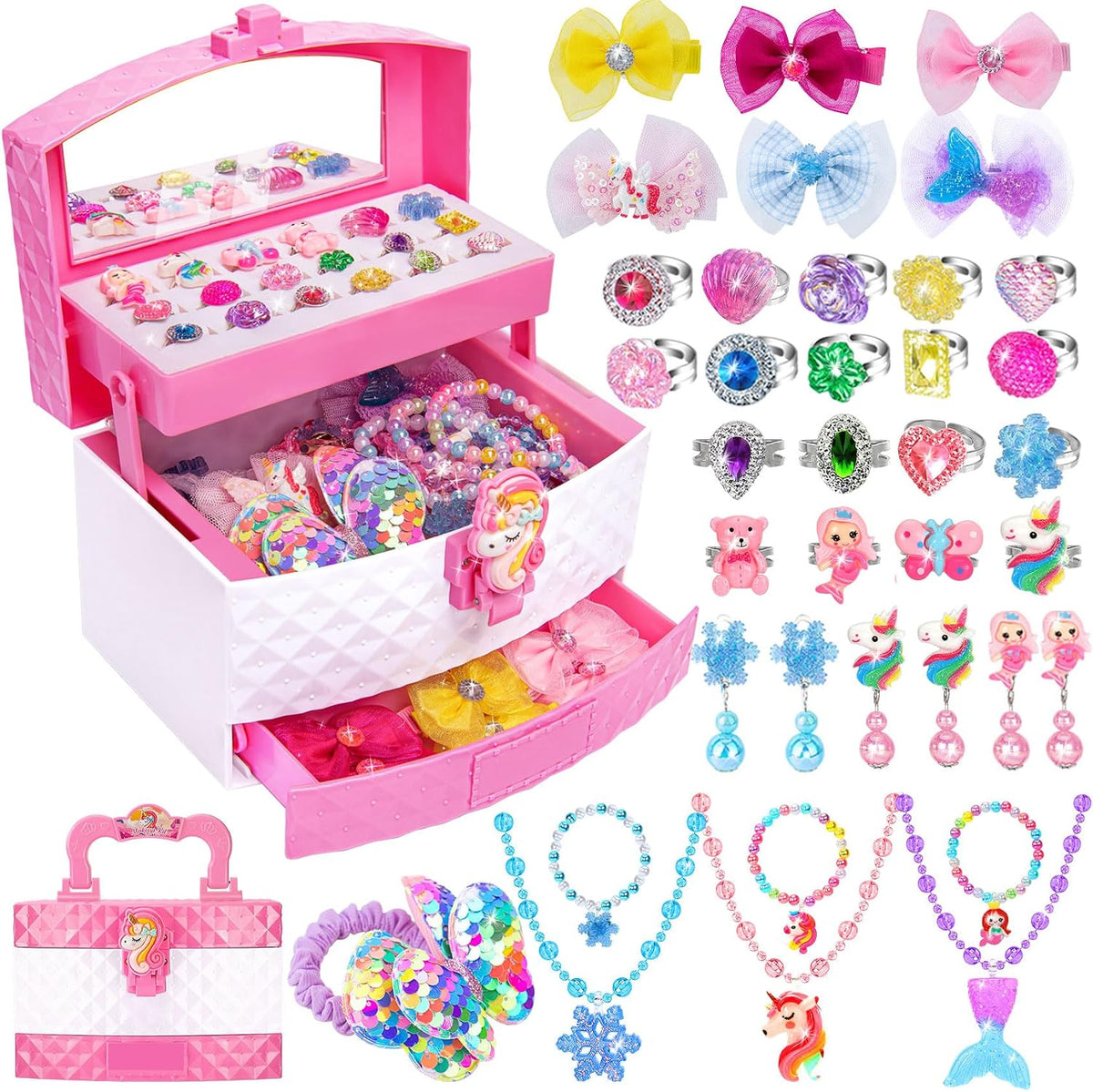 MOZXEBOK kids play jewelry set with rings, necklaces, bracelets and hair clips in a 3-layer box