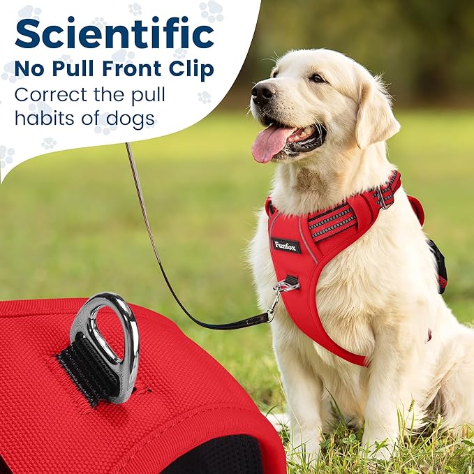 Funfox Dog Harness No Pull, Adjustable Pet Vest Harness, Super Soft Material with Vertical Handle Easy Control, Reflective Night Walking, 2 Leash Clips for Large Dogs, Red, L