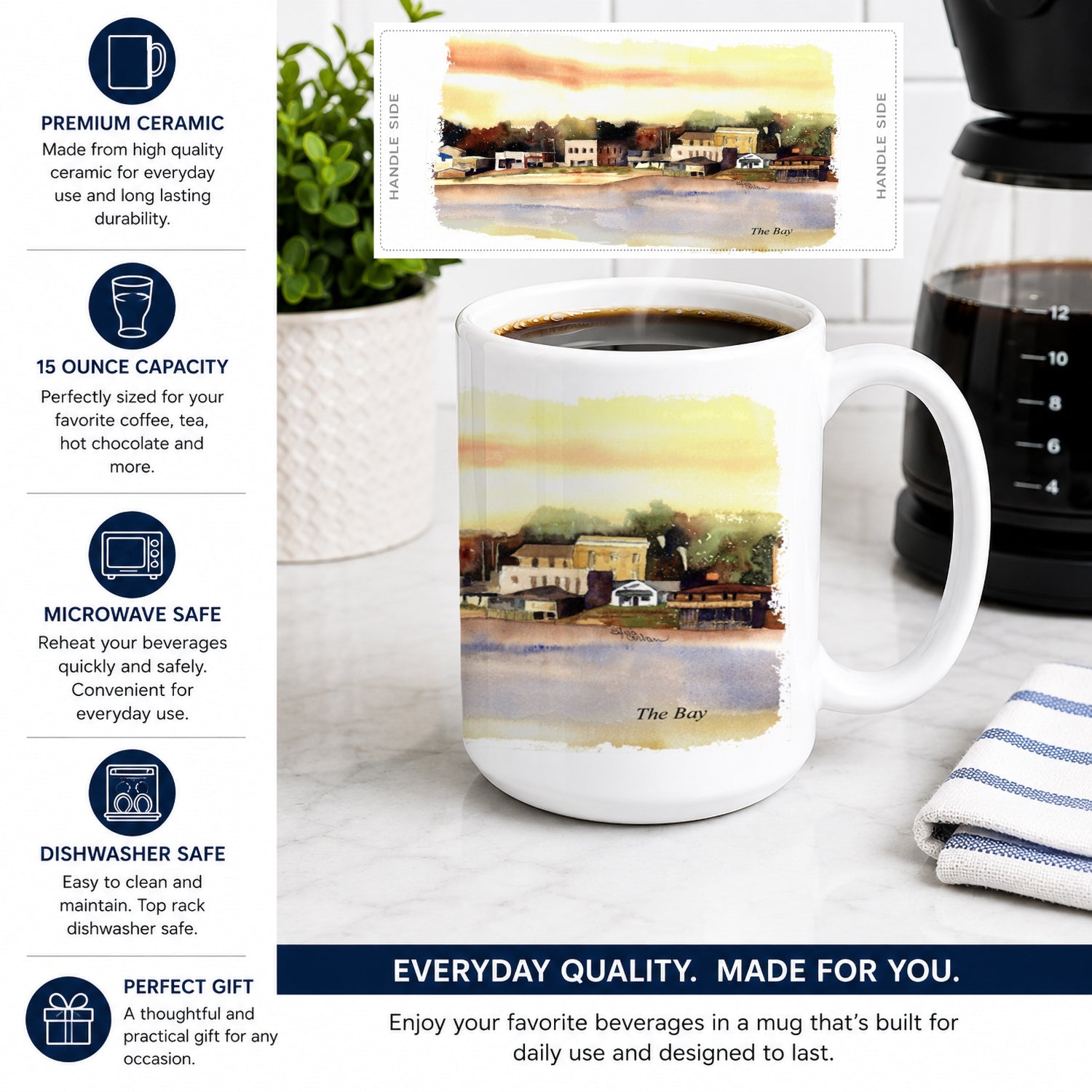 The Pass Ceramic Coffee Mug 15 oz Decorative Large C Handle Mug Cup for Tea, Cocoa Hot Chocolate