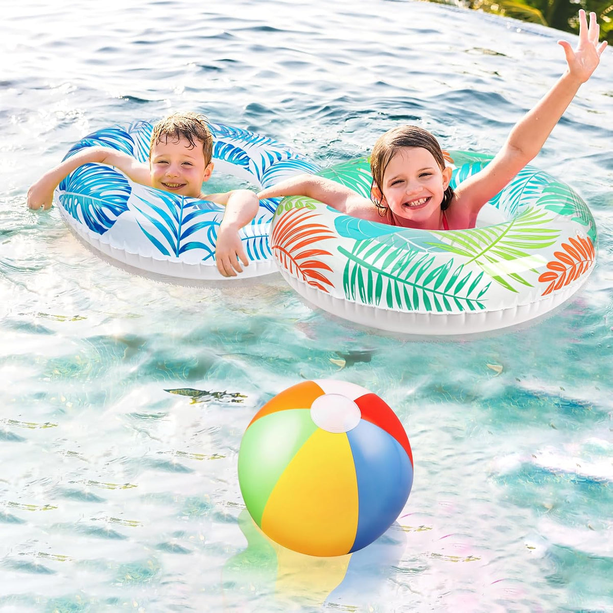 90shine luau pool floats set with 4 tropical swim rings and 3 beach balls - view 4