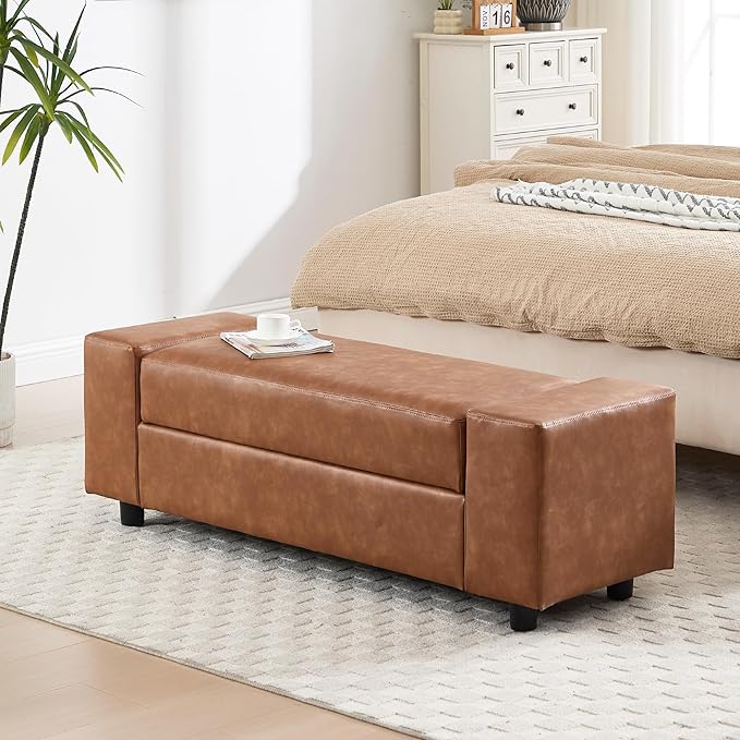 55" End of Bed Storage Bench Ottoman for Bedroom, Faux Leather Upholstered Entryway Bench Long Window Seating for Corner/Living Room/Recption Room/Office/Shop, Brown