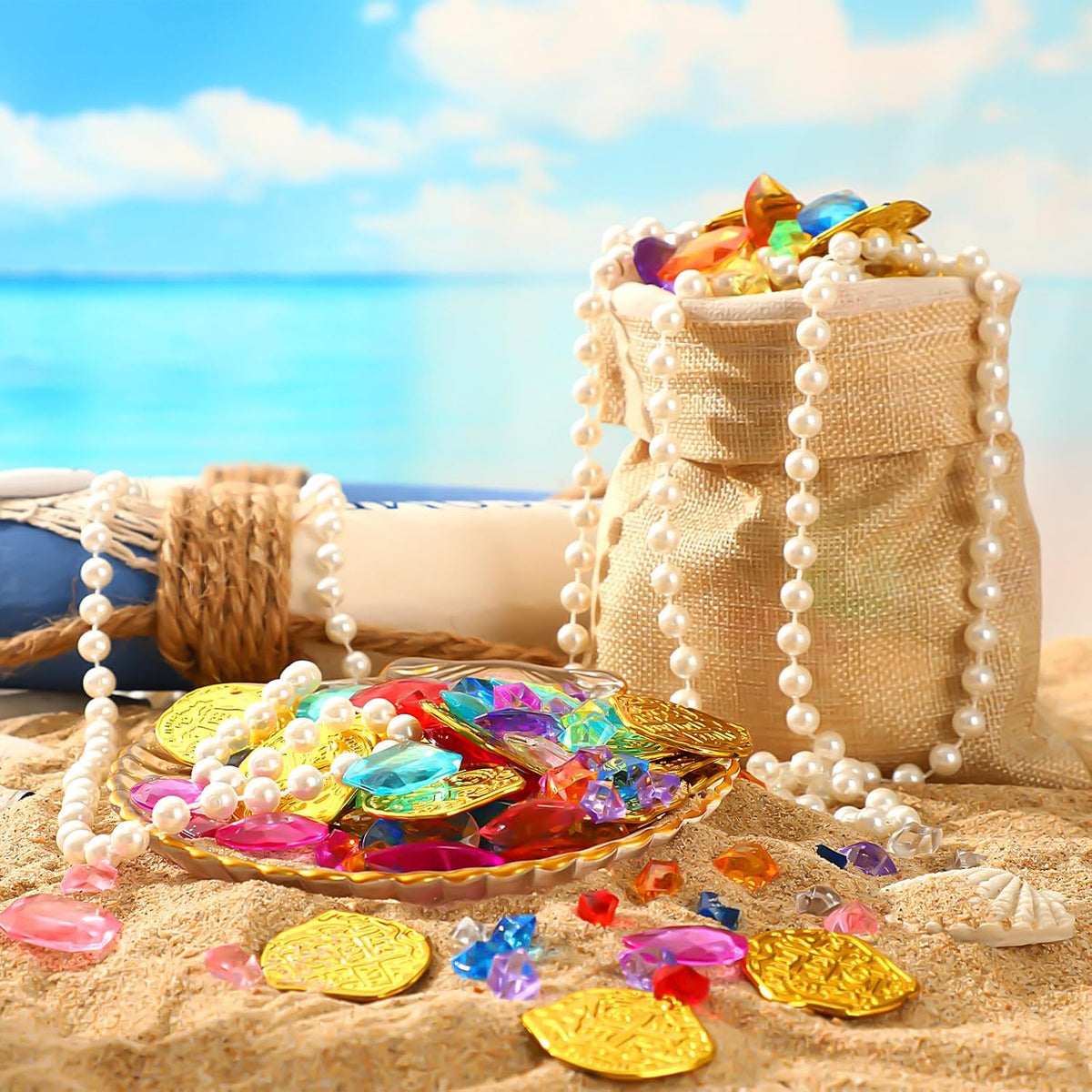 MARFOREVER pirate treasure pool toys with colorful gems, gold coins, pearl necklaces and drawstring  - view 7