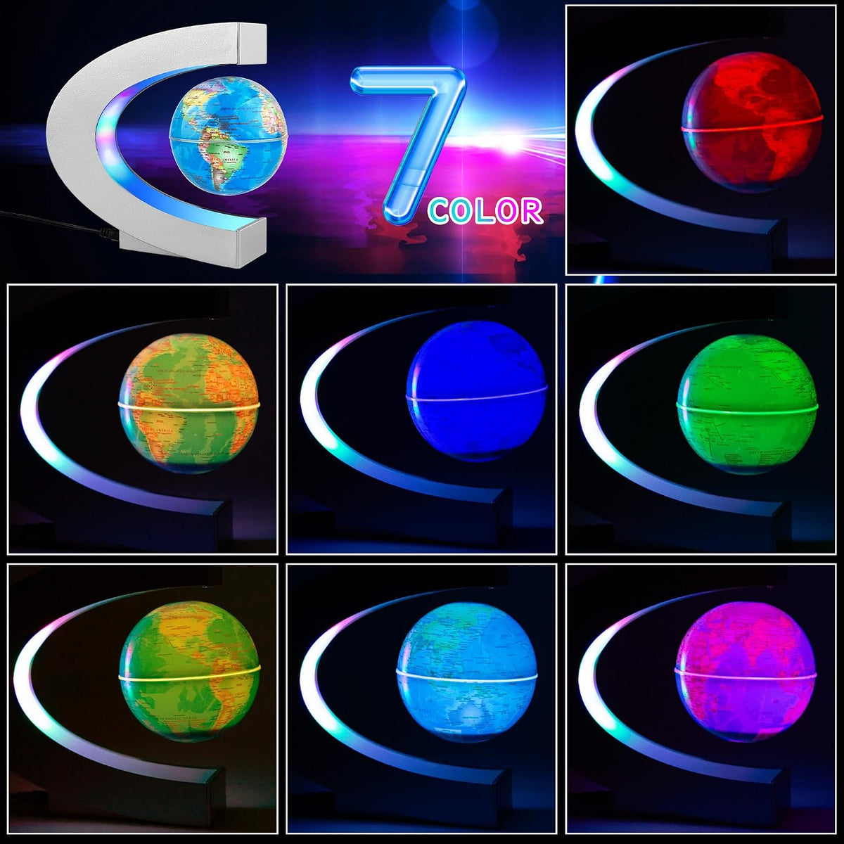 Magnetic Levitating Globe with LED Light - Silver - image 2