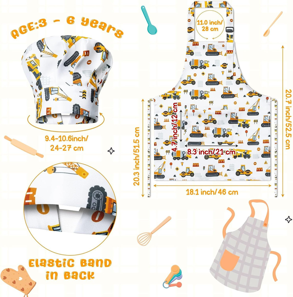4Pcs Kids Apron and Chef Hat Set Gift for Girls Boys - Construction Vehicle & Dinosaur - image 2