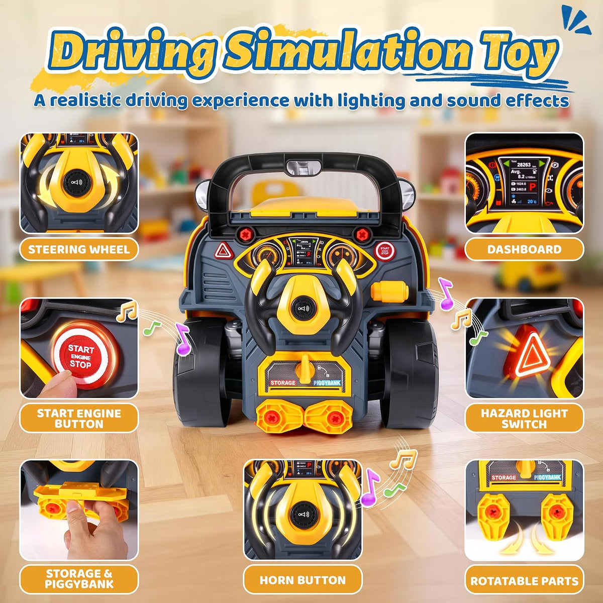 Interactive Truck Engine Toy with Removable Parts, Lights - Yellow - image 3