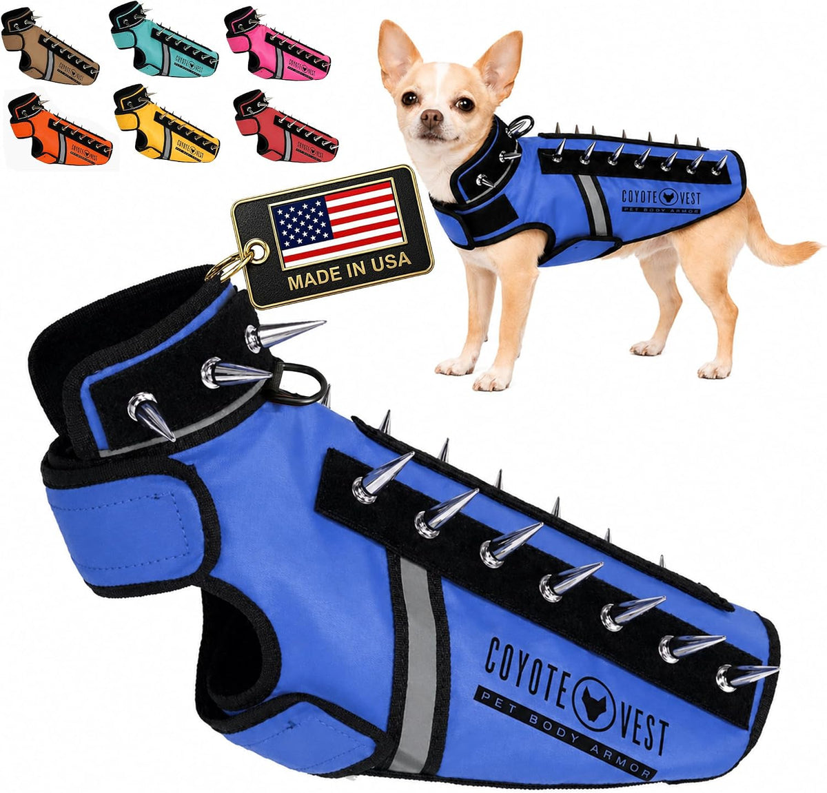 CoyoteVest SpikeVest Dog Harness, Made in the USA, XS-Yellow – Essentials for Dogs - Royal Blue / XX-Small