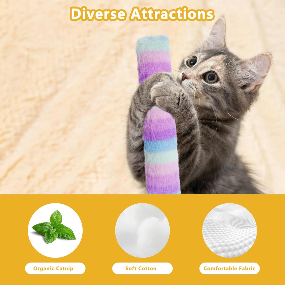 3 Pack Catnip Toys, Soft and Durable Cat Pillows Toys - Rainbow Set - image 3