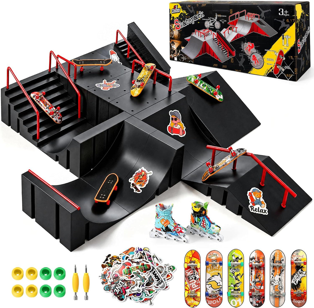 CS COSDDI 14in1 Finger Skateboard Park Set for Kids 8 Skateboards - Black