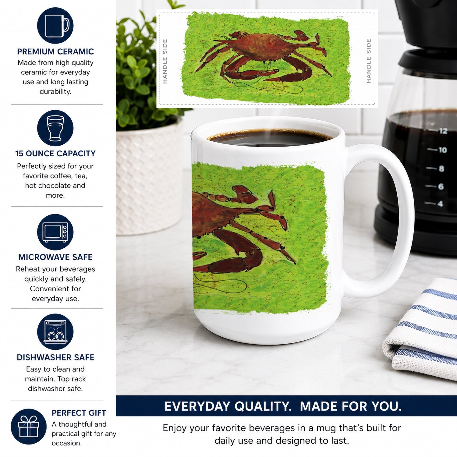 Crab Ceramic Coffee Mug 15 oz Decorative Large C Handle Mug Cup for Tea, Cocoa Hot Chocolate