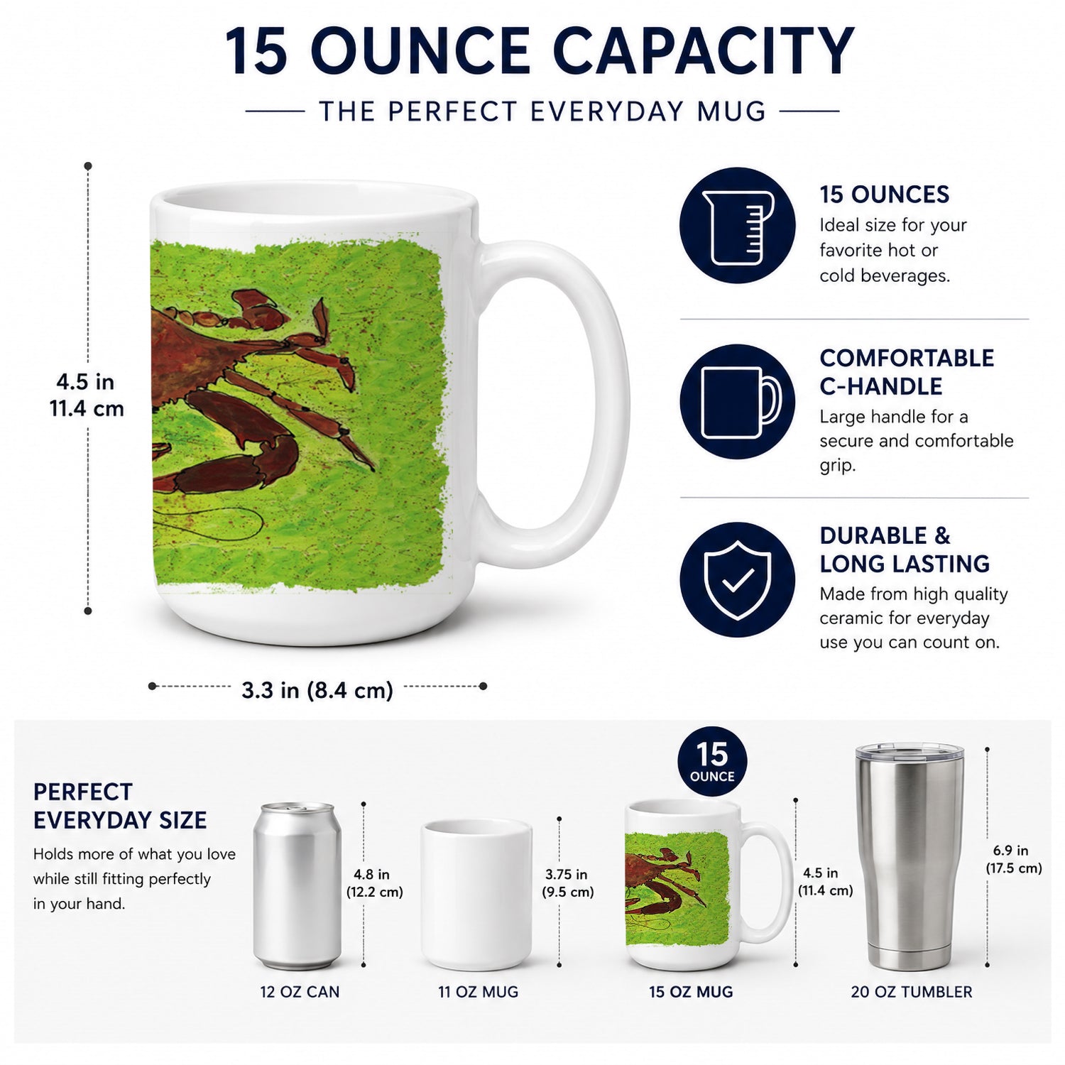 Crab Ceramic Coffee Mug 15 oz Decorative Large C Handle Mug Cup for Tea, Cocoa Hot Chocolate