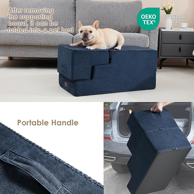 EHEYCIGA Dog Stairs for High Bed 22.5" H, 5-Step Dog Steps for Bed, Pet Steps for Small Dogs and Cats, Non-Slip Balanced Pet Ramp Indoor, Navy Blue