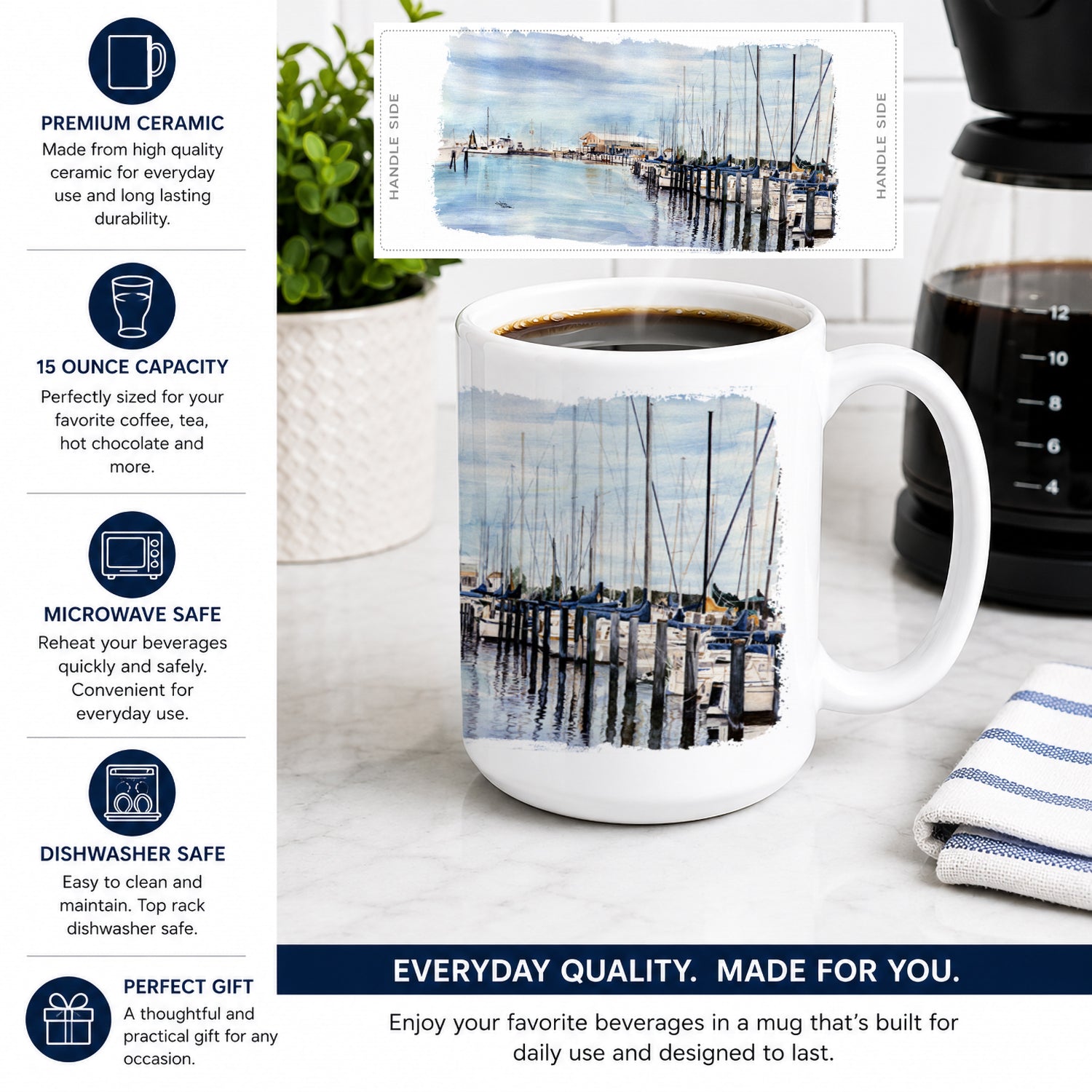The Warf Ceramic Coffee Mug 15 oz Decorative Large C Handle Mug Cup for Tea, Cocoa Hot Chocolate