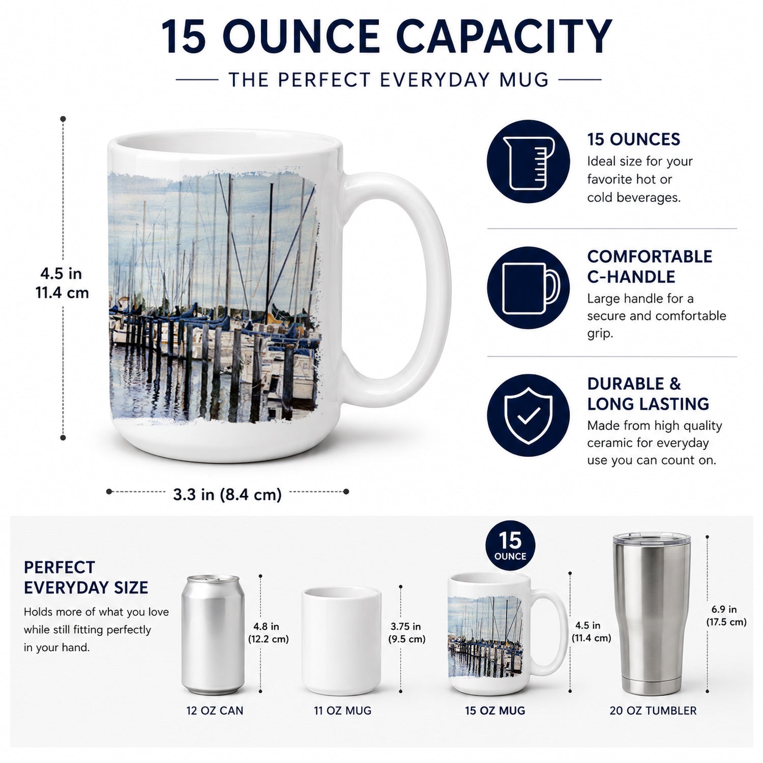 The Warf Ceramic Coffee Mug 15 oz Decorative Large C Handle Mug Cup for Tea, Cocoa Hot Chocolate