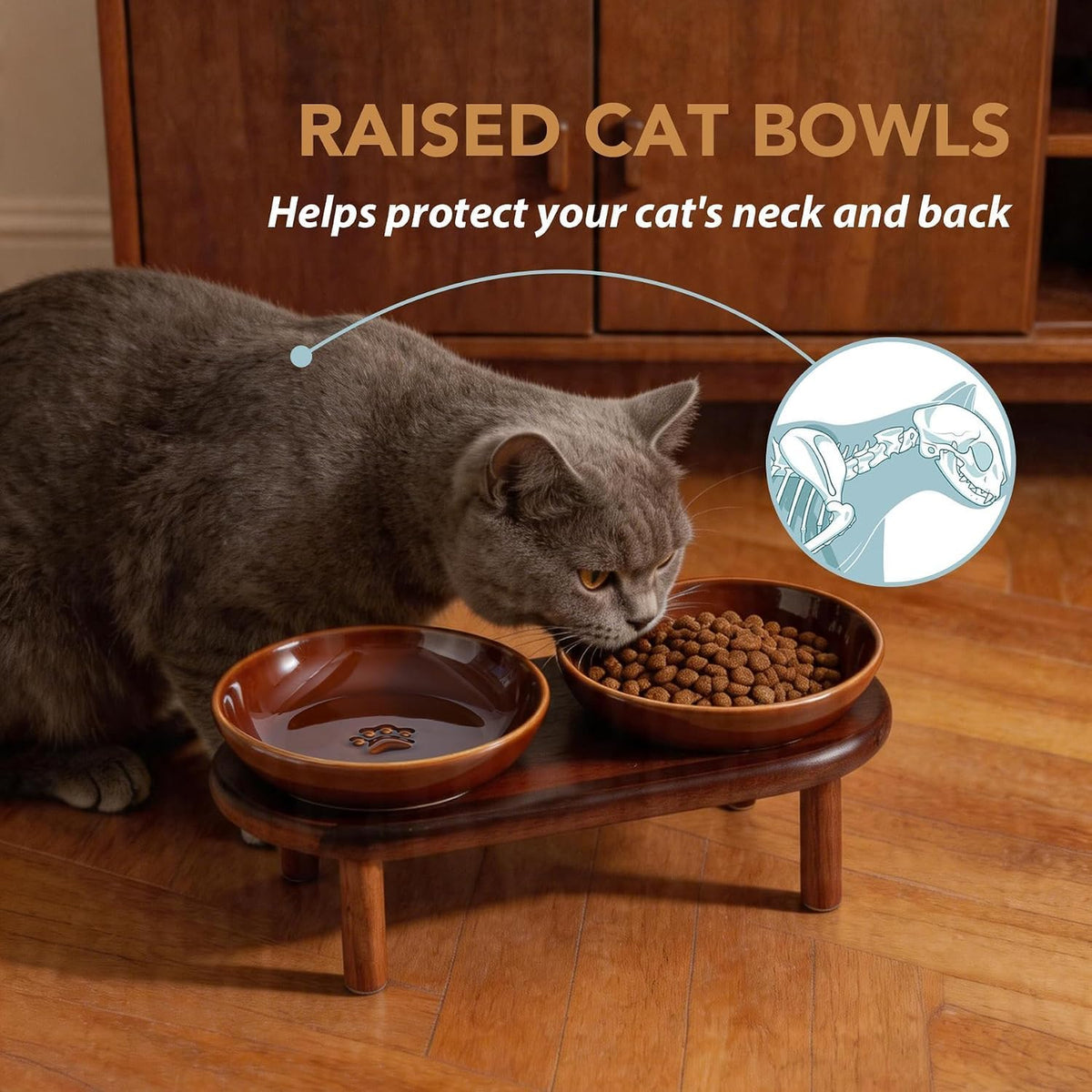 Elevated Cat Bowls, Ceramic Cat Bowl with Bamboo Stand Wide Opening – Essentials for Cats - Brown / Paw Set + Acacia Wood - image 4